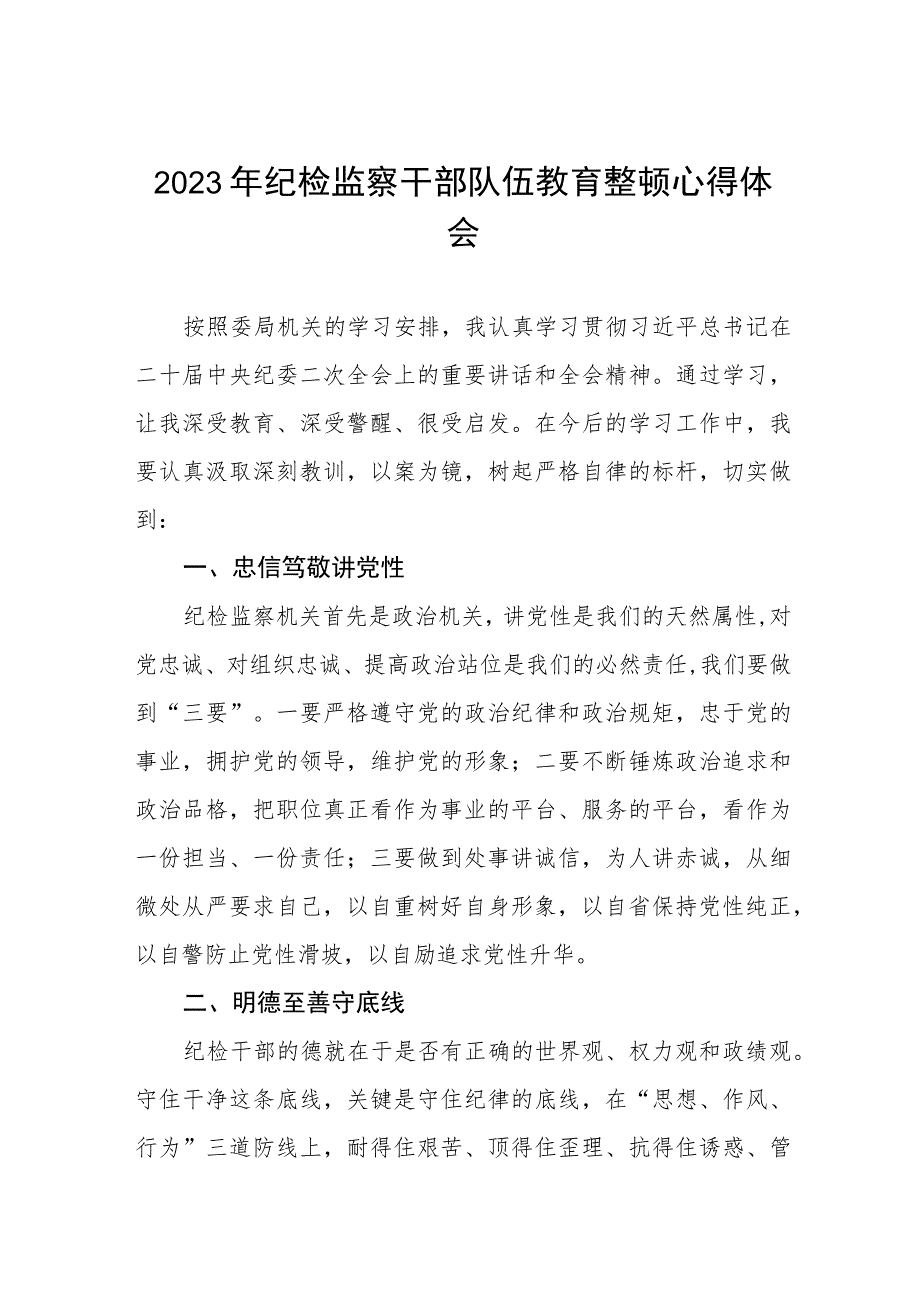 2023全国纪检监察干部队伍教育整顿的心得体会两篇.docx_第1页