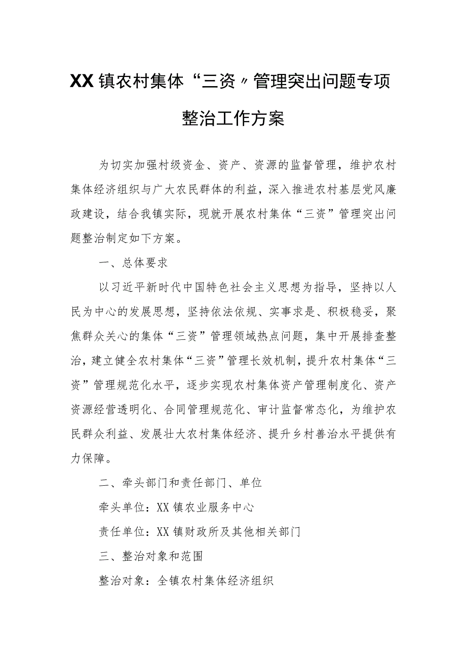 XX镇农村集体“三资”管理突出问题专项整治工作方案.docx_第1页