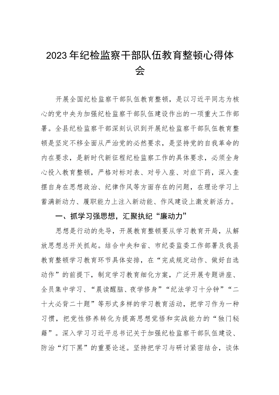 2023年全国纪检监察干部队伍教育整顿的心得体会两篇.docx_第1页