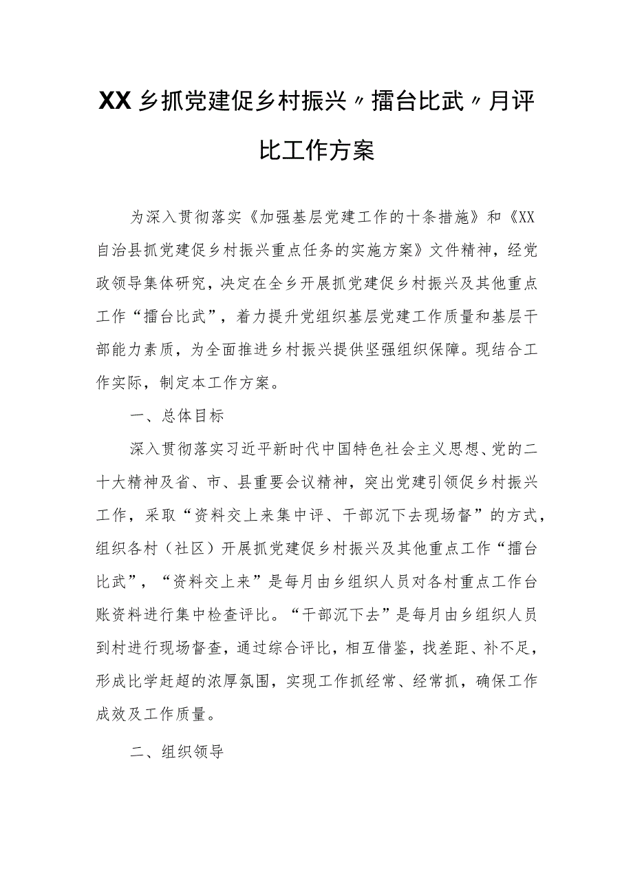 XX乡抓党建促乡村振兴“擂台比武”月评比工作方案.docx_第1页