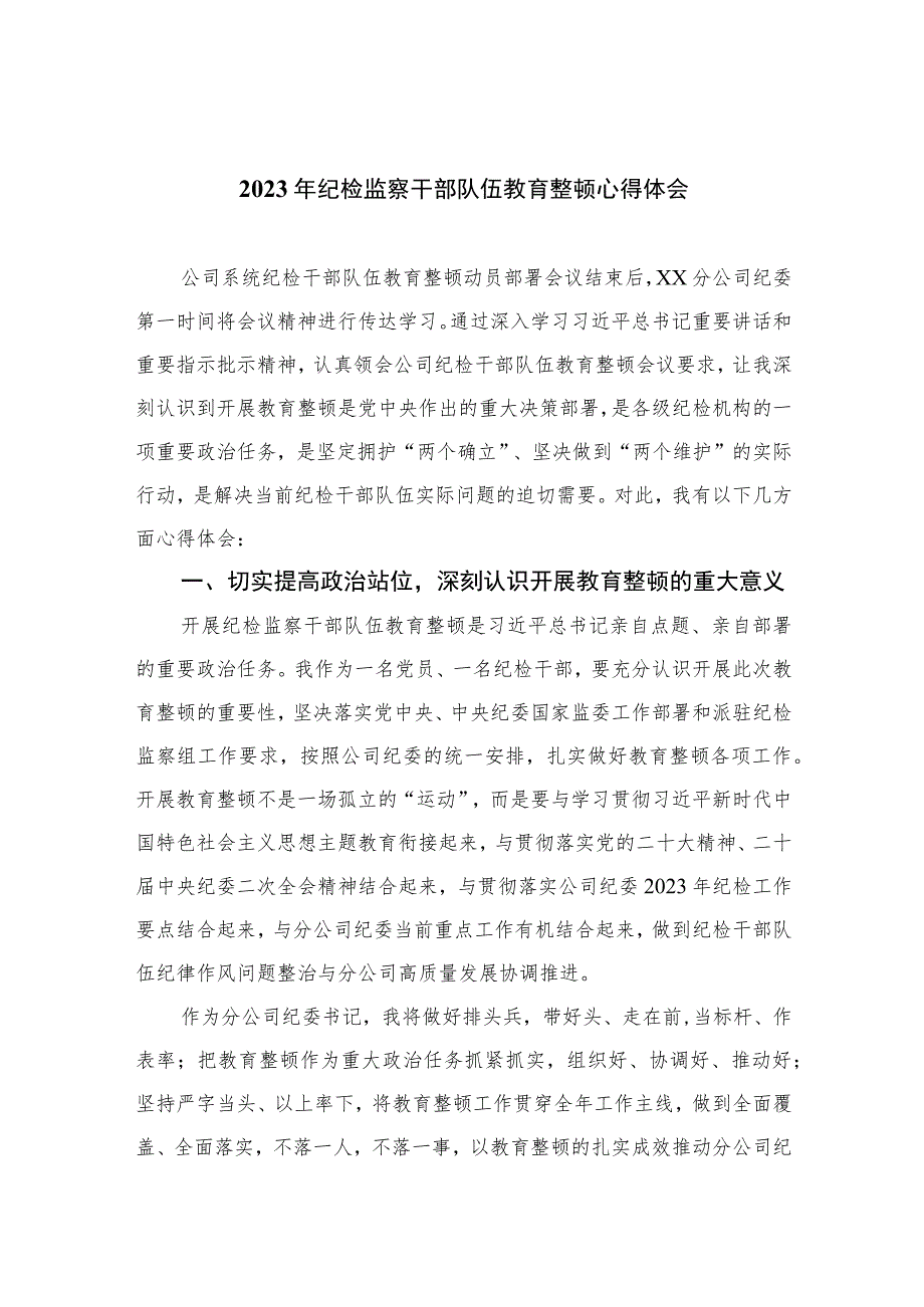 【2023纪检教育整顿】2023年纪检监察干部队伍教育整顿心得体会精选（共四篇）.docx_第1页