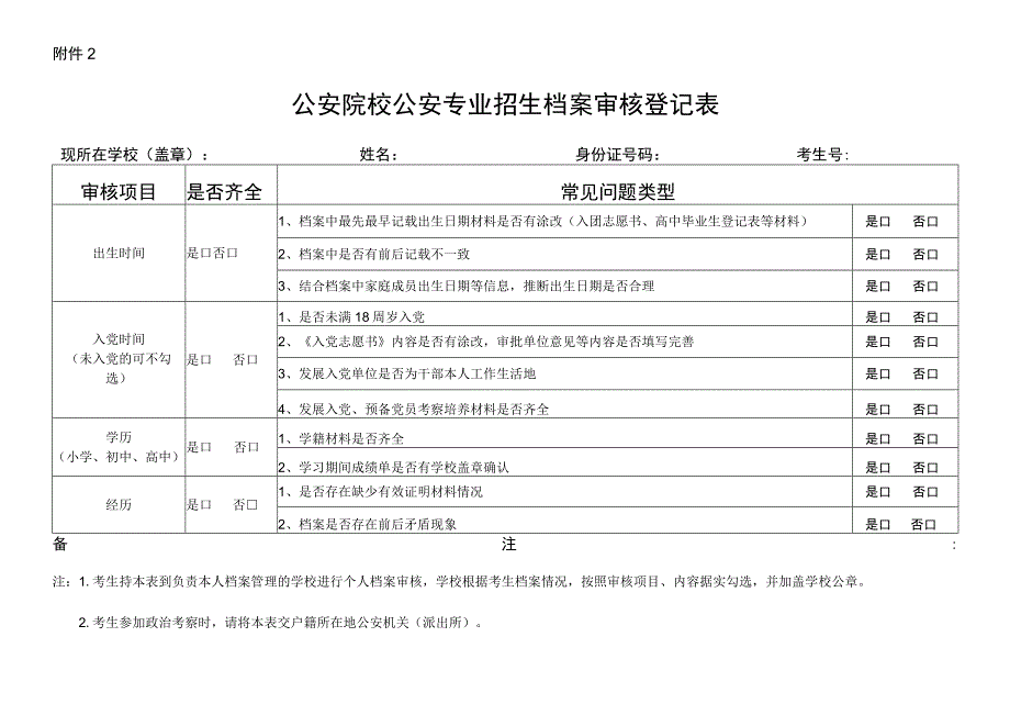 公安院校公安专业招生档案审核登记表.docx_第1页