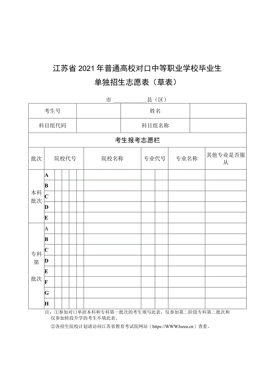 江苏省2023年普通高校对口中等职业学校毕业生单独招生志愿表（草表）.docx_第1页