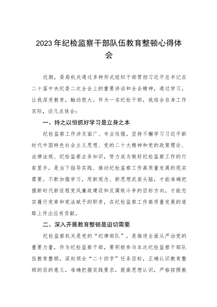 关于2023年纪检监察干部队伍教育整顿活动心得体会两篇.docx_第1页