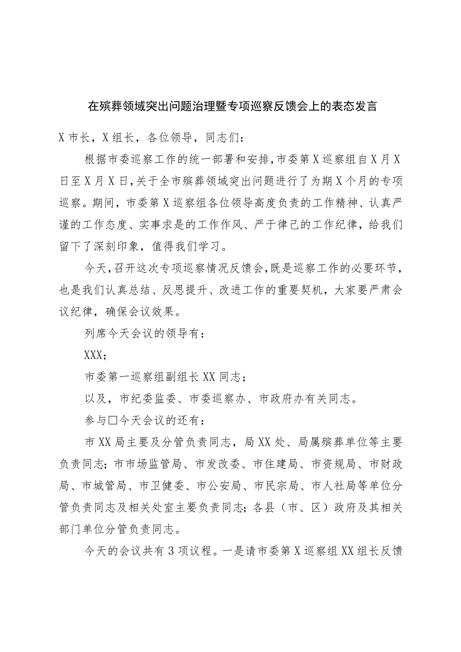 在殡葬领域突出问题治理暨专项巡察反馈会上的表态发言.docx_第1页