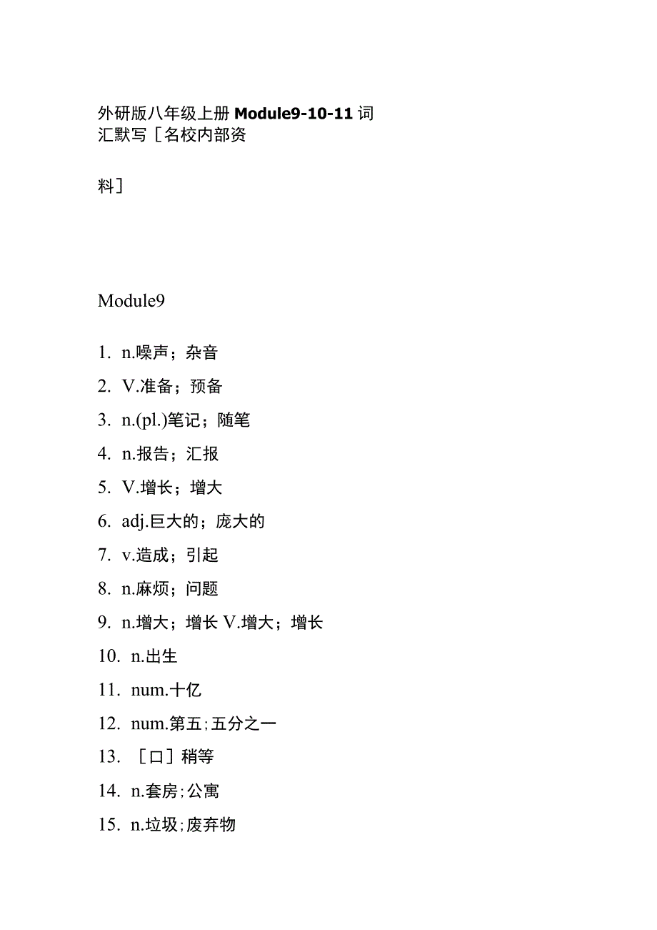 外研版八年级上册Module 9-10-11词汇默写全.docx_第1页