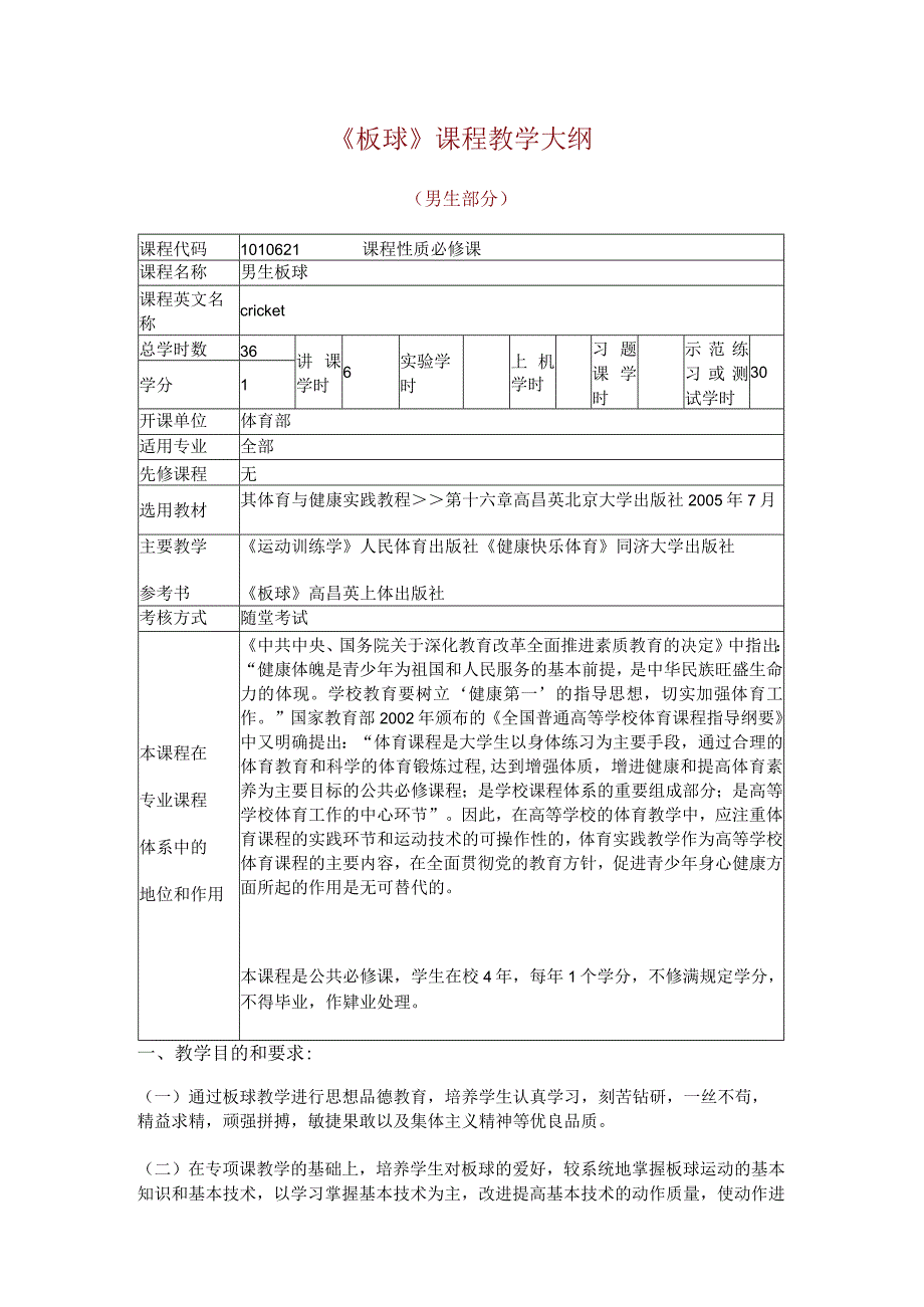 华东政法《板球》课程教学大纲（男生部分）.docx_第1页