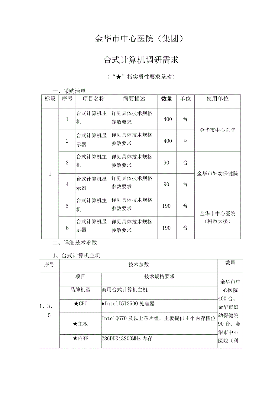 金华市中心医院集团台式计算机调研需求“”指实质性要求条款.docx_第1页