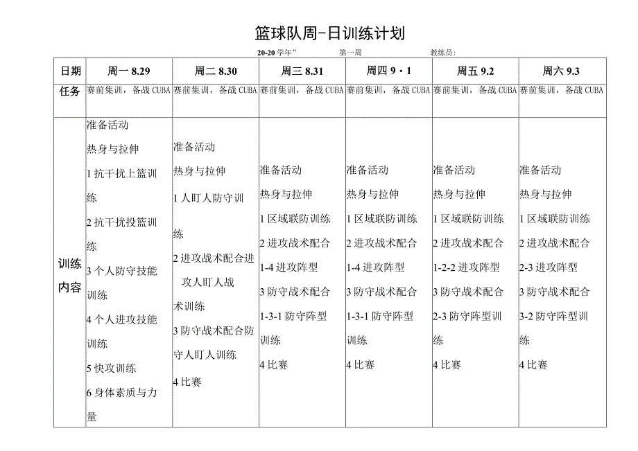 篮球队周日训练计划表模板.docx_第1页