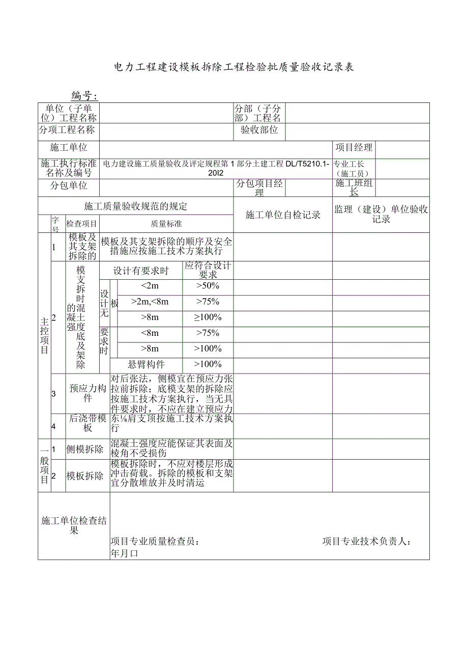 电力工程建设模板拆除工程检验批质量验收记录表.docx_第1页