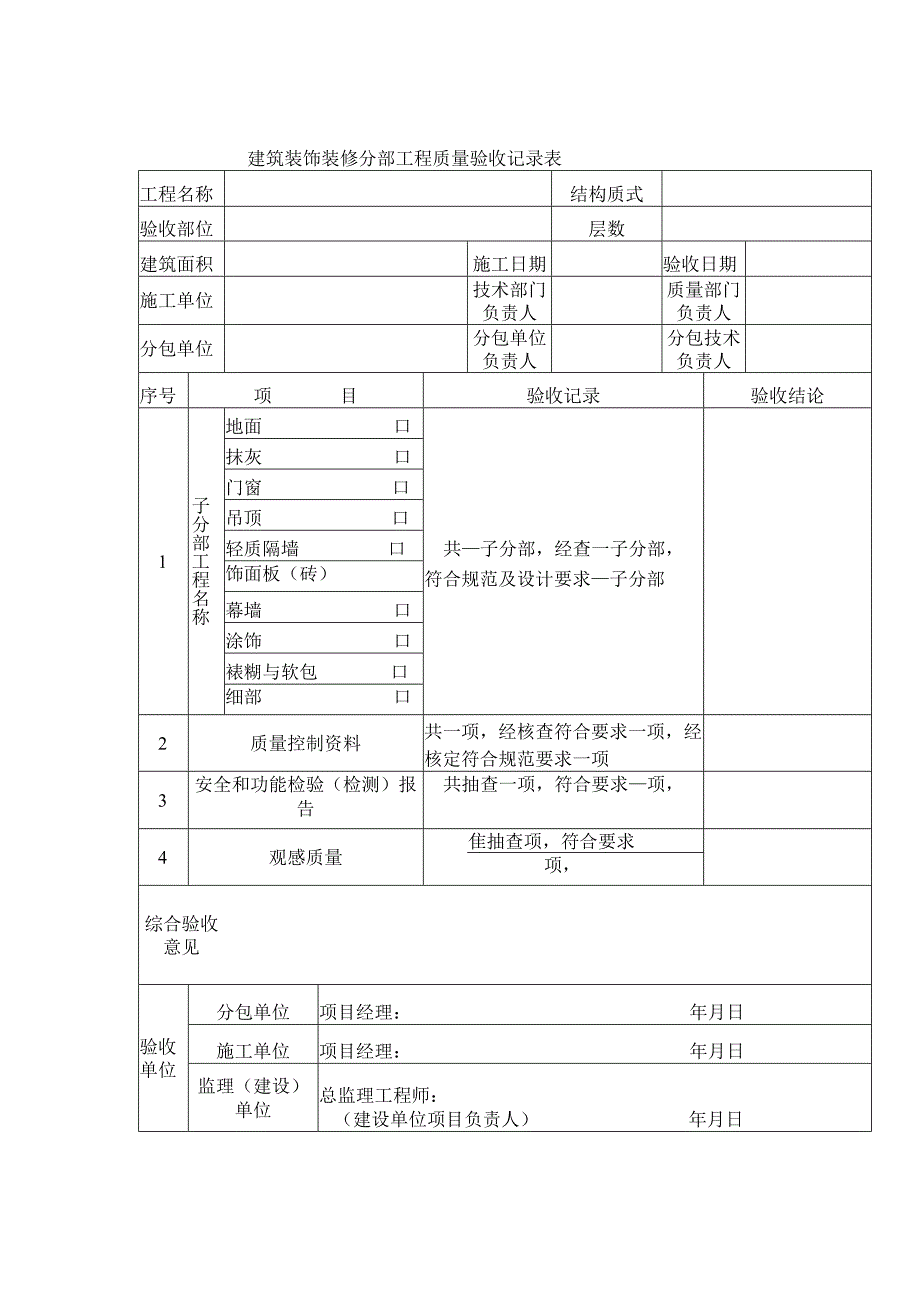 建筑装饰装修分部工程质量验收记录表.docx_第1页