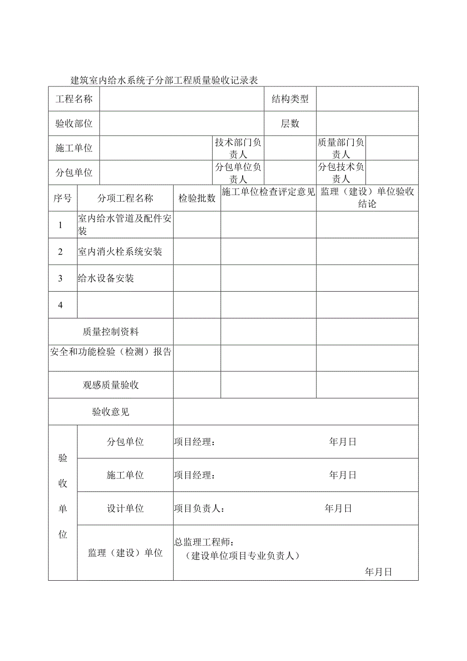 建筑室内给水系统子分部工程质量验收记录表.docx_第1页