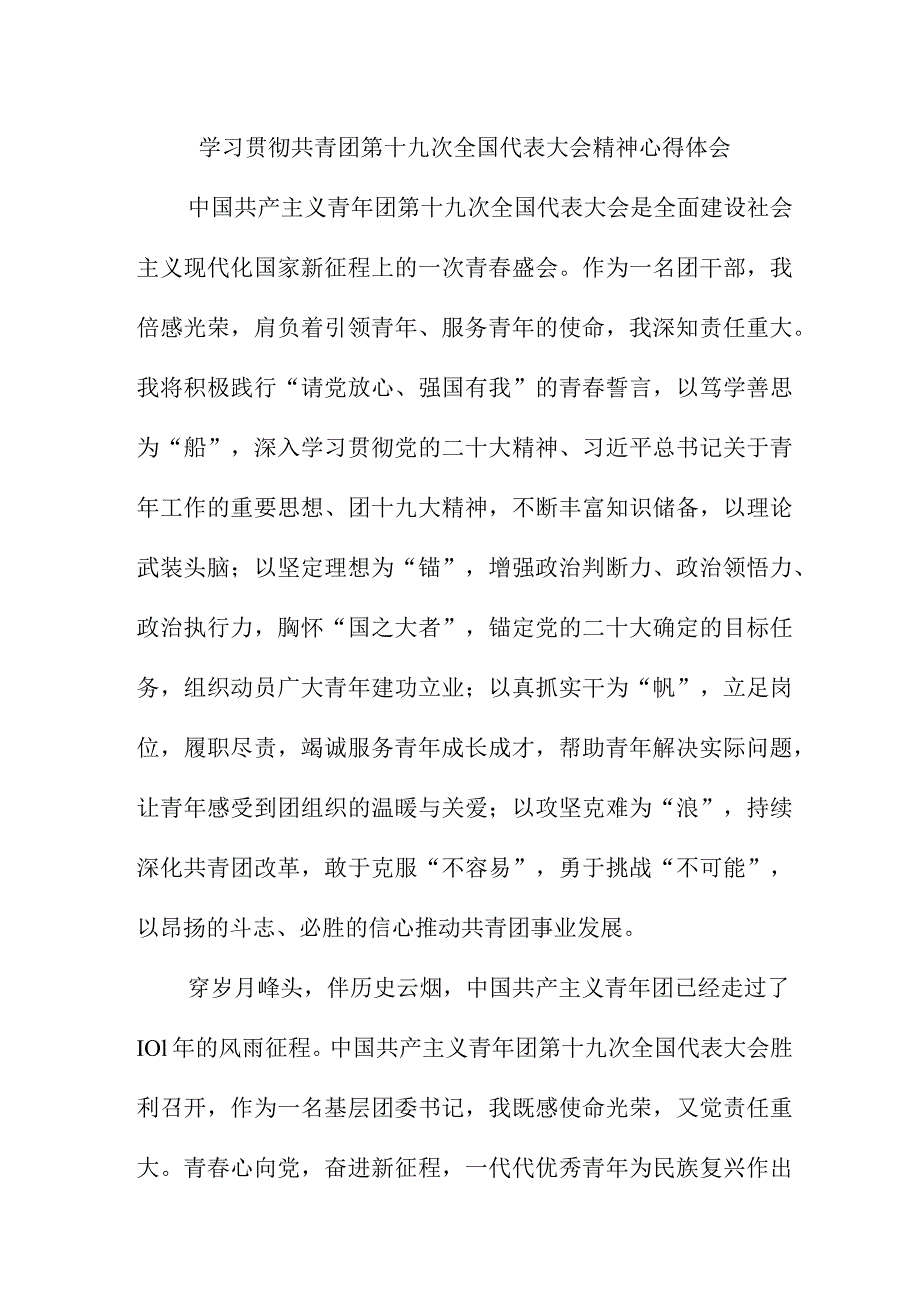 青年学生学习贯彻共青团第十九次全国代表大会精神心得体会 （4份）.docx_第1页