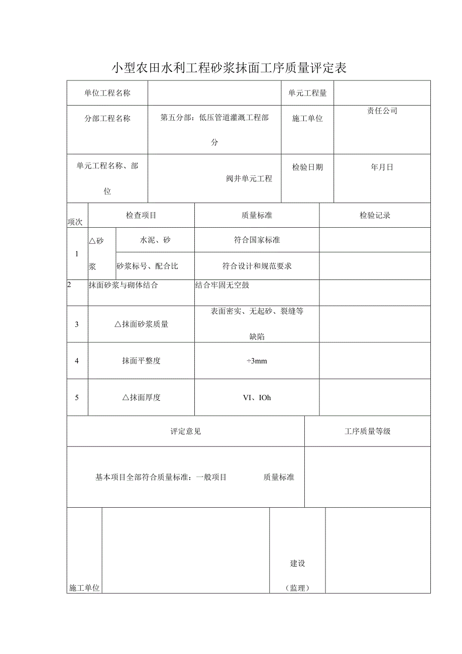 小型农田水利工程砂浆抹面工序质量评定表.docx_第1页