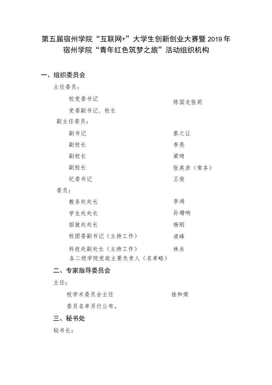 第五届宿州学院“互联网 ”大学生创新创业大赛暨2019年宿州学院“青年红色筑梦之旅”活动组织机构.docx_第1页