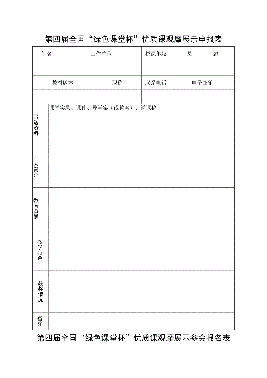 第四届全国“绿色课堂杯”优质课观摩展示申报表.docx_第1页