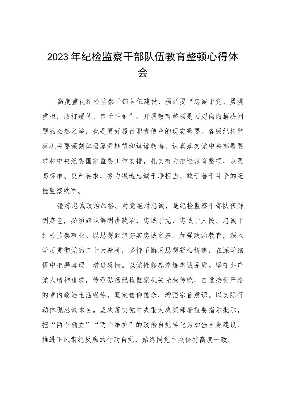 2023纪检监察干部队伍教育整顿心得体会模板两篇模板.docx_第1页