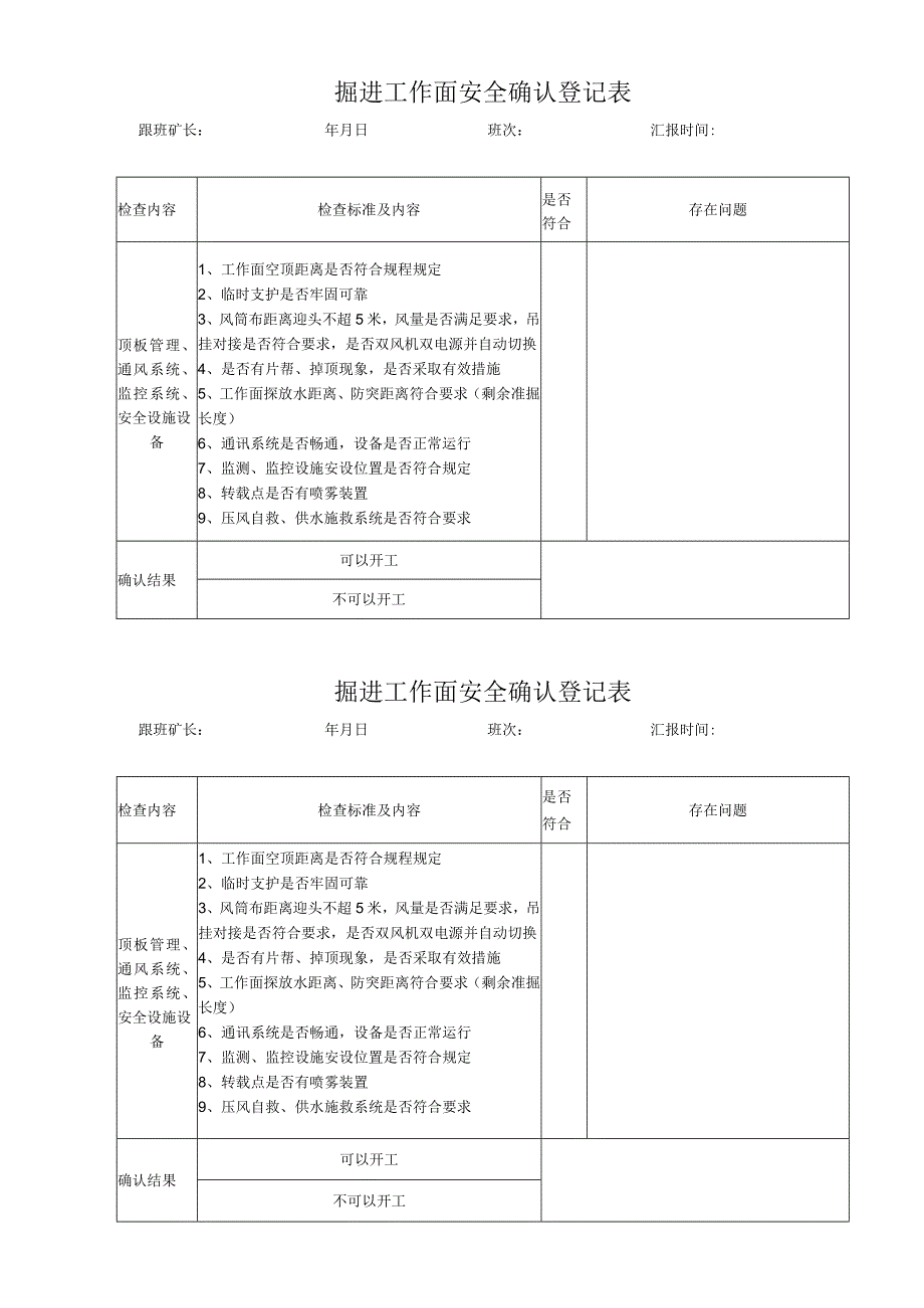 掘进工作面安全确认登记表BZH.docx_第1页