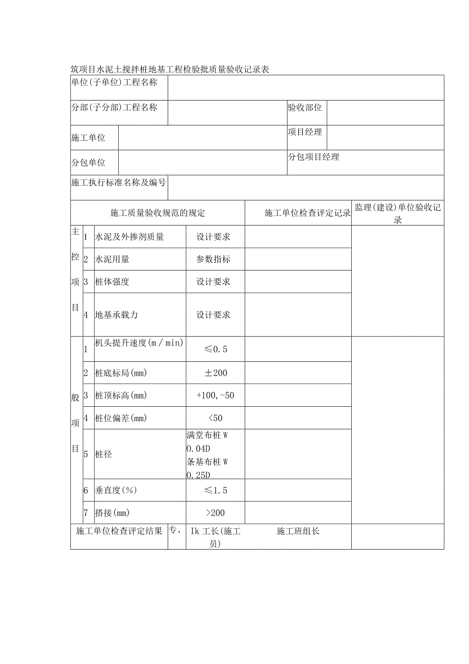 建筑项目水泥土搅拌桩地基工程检验批质量验收记录表.docx_第1页