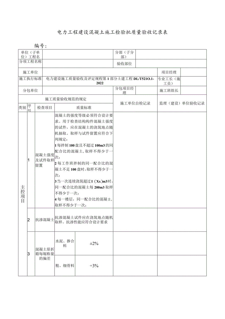 电力工程建设混凝土施工检验批质量验收记录表.docx_第1页