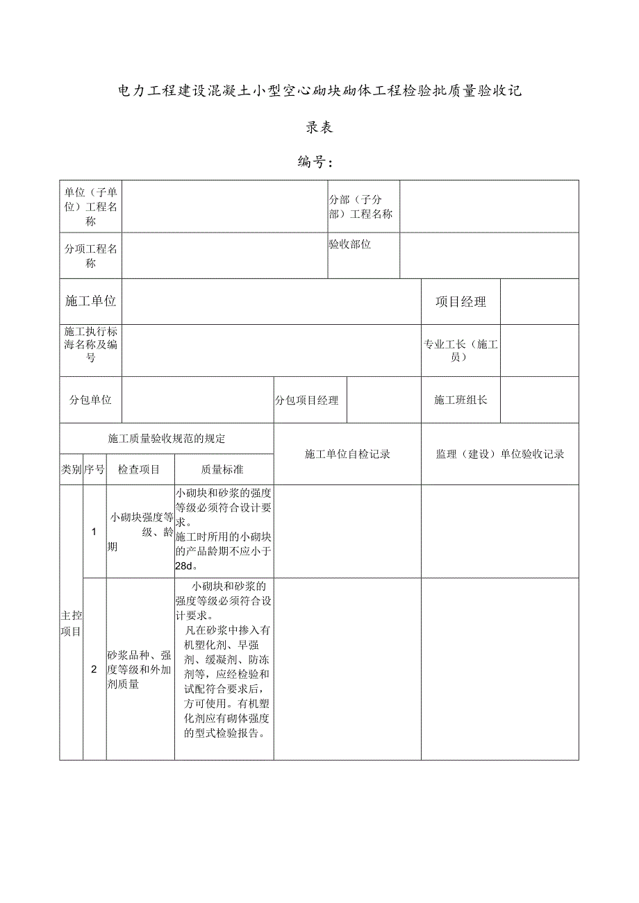 电力工程建设混凝土小型空心砌块砌体工程检验批质量验收记录表.docx_第1页