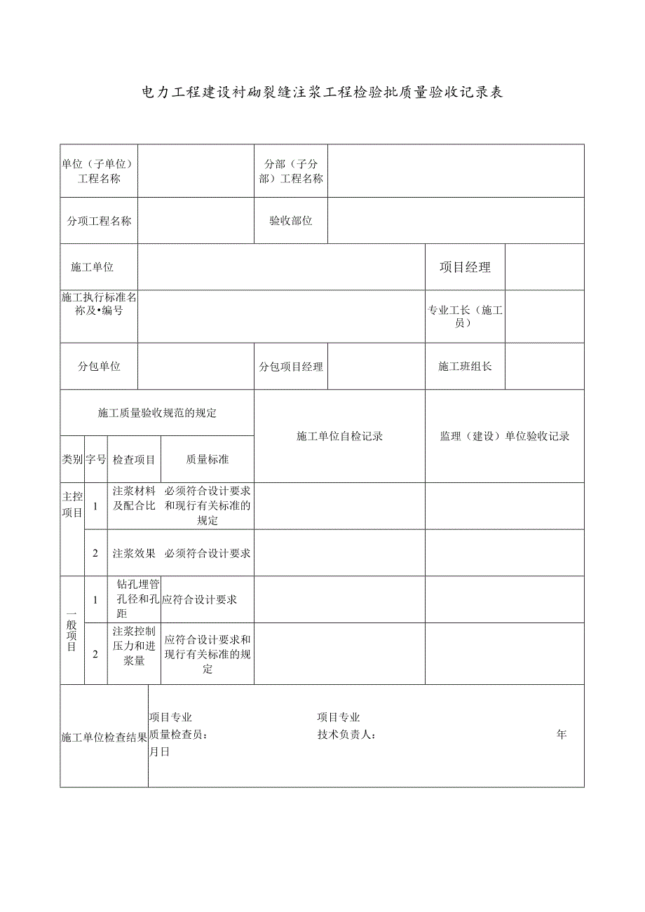 电力工程建设衬砌裂缝注浆工程检验批质量验收记录表.docx_第1页