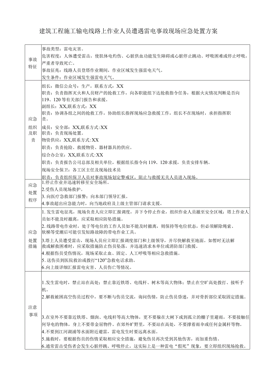 建筑工程施工输电线路上作业人员遭遇雷电事故现场应急处置方案.docx_第1页