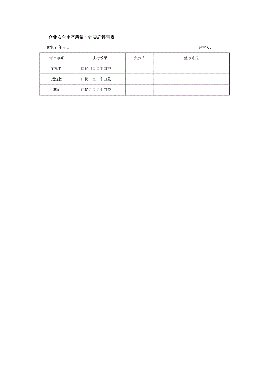 企业安全生产质量方针实施评审表.docx_第1页