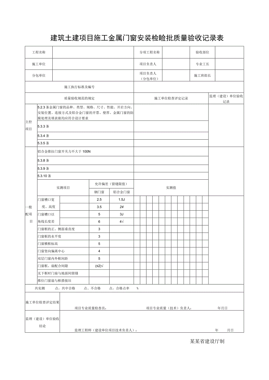 建筑土建项目施工金属门窗安装检验批质量验收记录表.docx_第1页