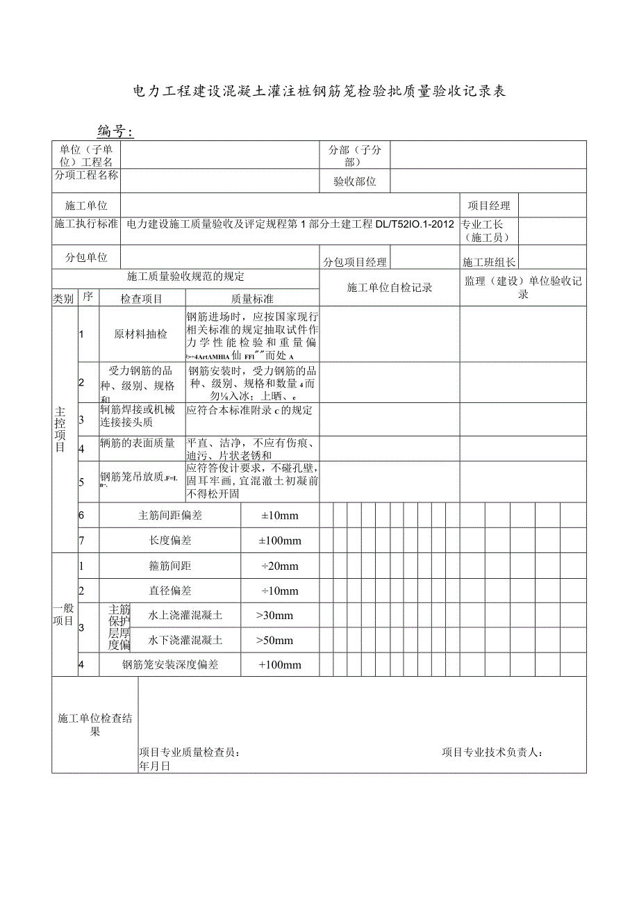 电力工程建设混凝土灌注桩钢筋笼检验批质量验收记录表.docx_第1页