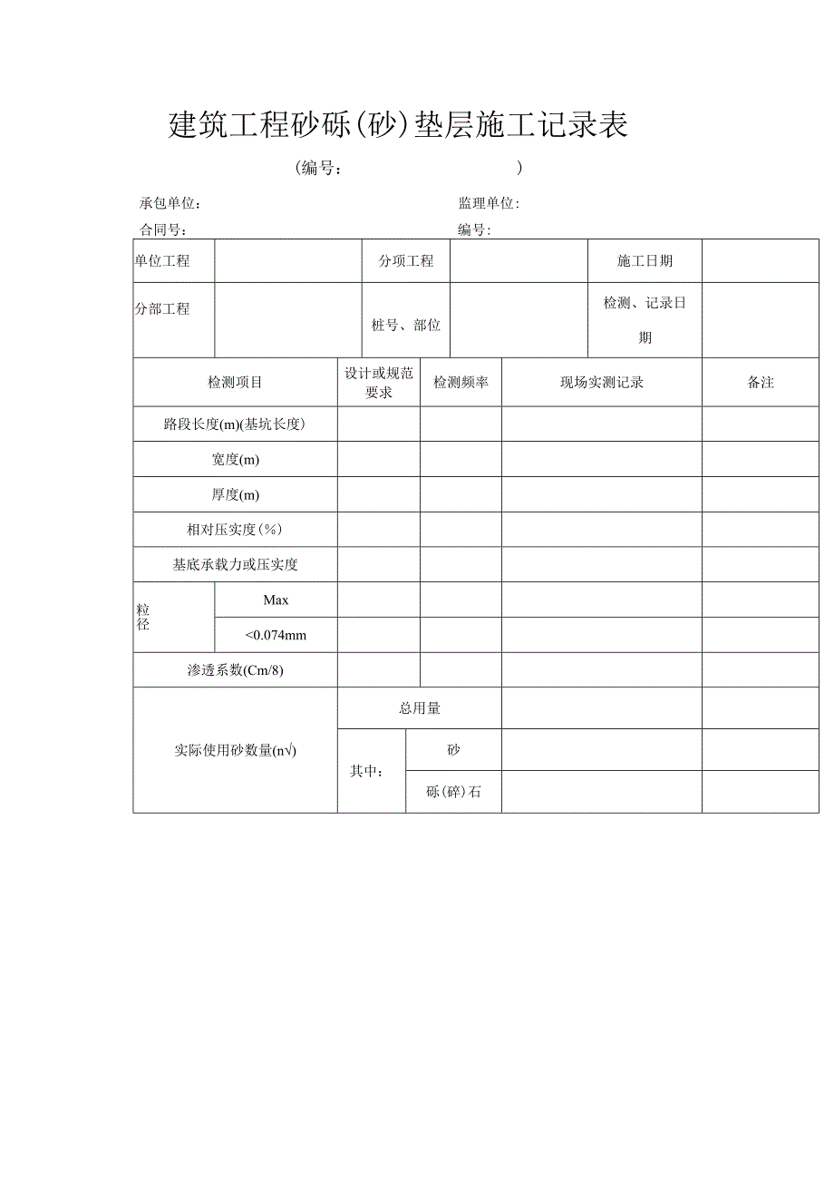 建筑工程砂砾（砂）垫层施工记录表.docx_第1页