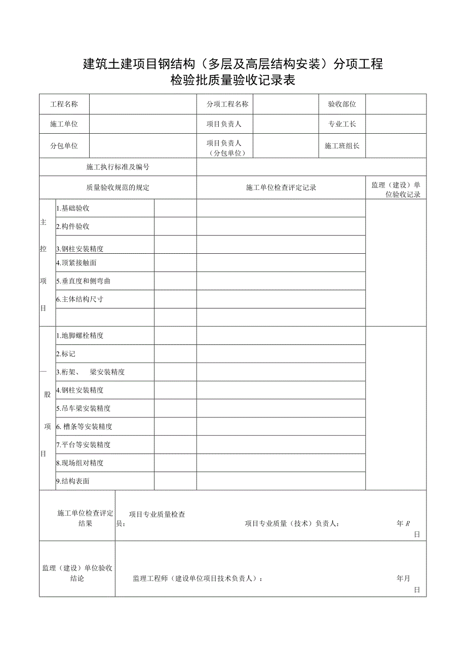 建筑土建项目钢结构（多层及高层结构安装）分项工程检验批质量验收记录表.docx_第1页