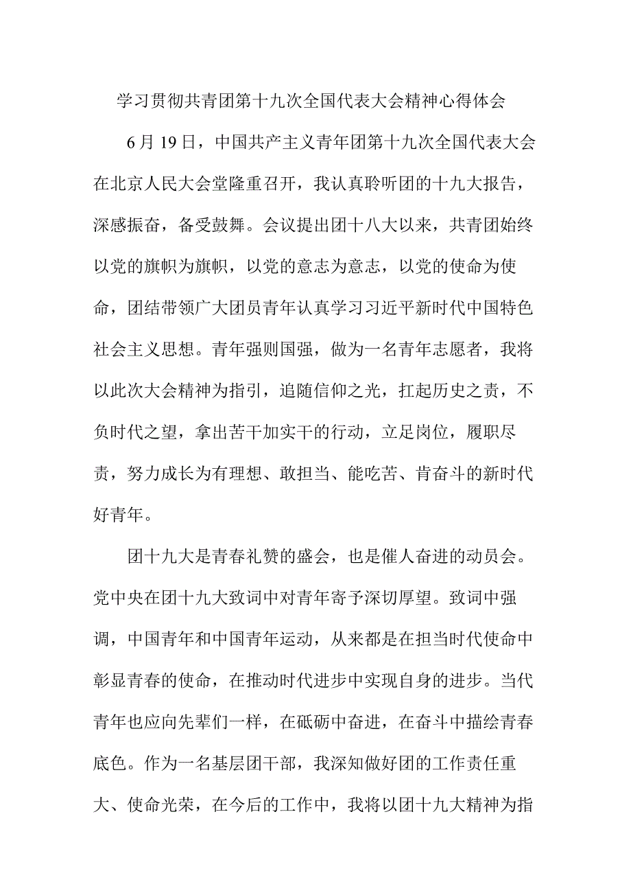 基层团干学习贯彻共青团第十九次全国代表大会精神个人心得体会 （合计4份）.docx_第1页