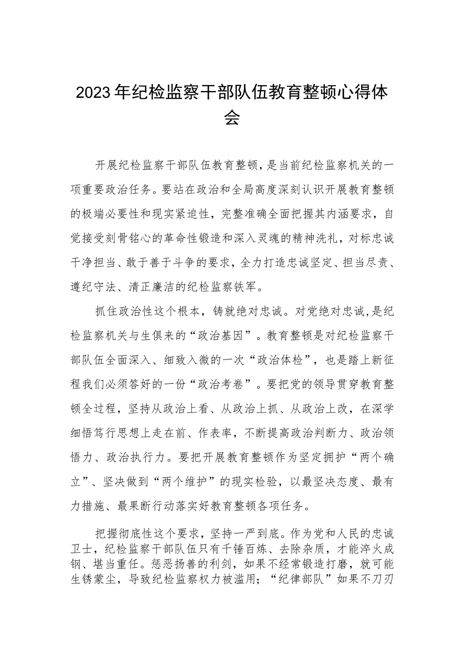 2023年全国纪检监察干部队伍教育整顿的心得体会发言材料两篇.docx_第1页