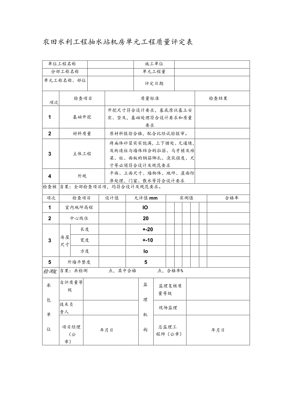 农田水利工程抽水站机房单元工程质量评定表.docx_第1页