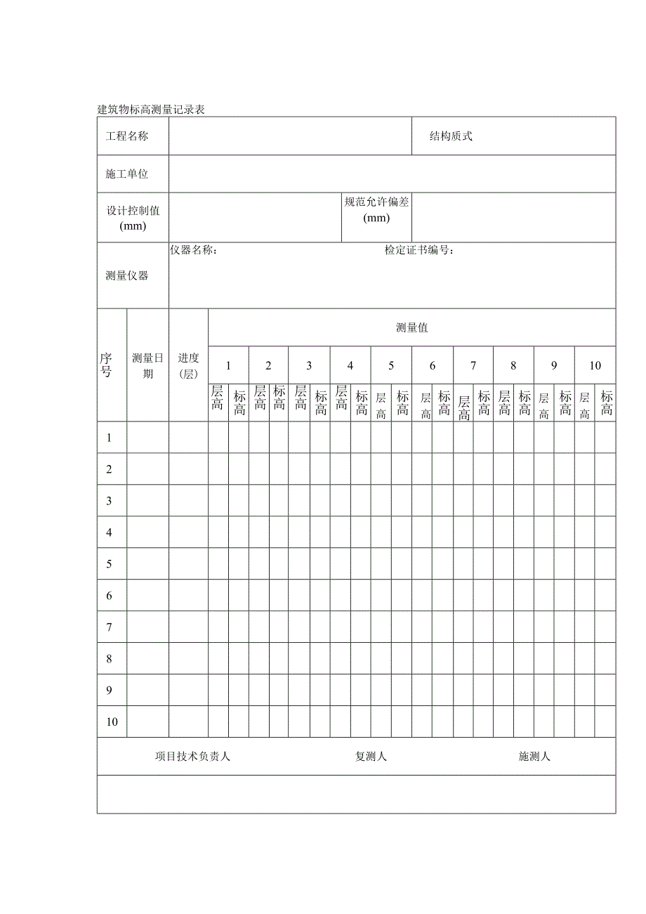 建筑物标高测量记录表.docx_第1页