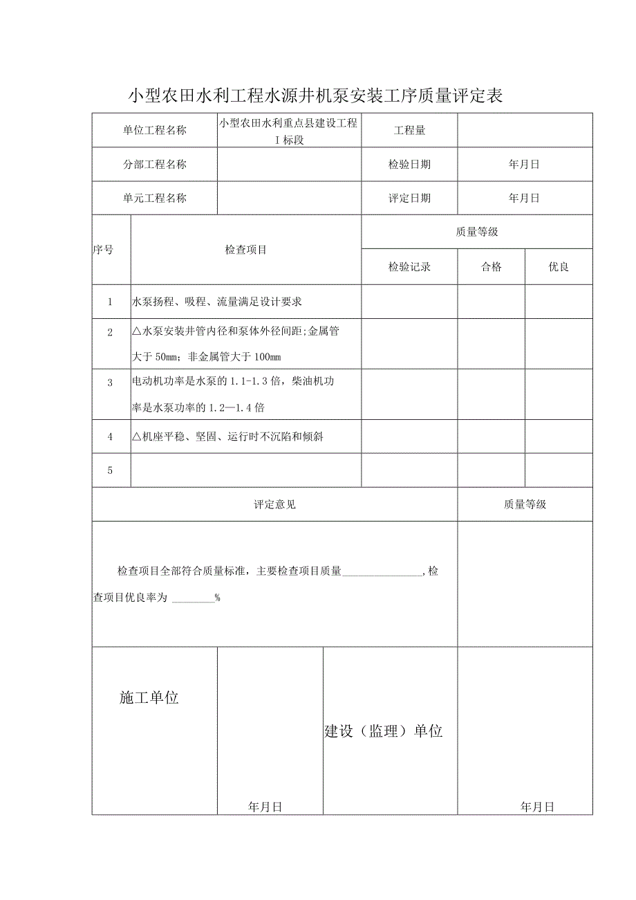 小型农田水利工程水源井机泵安装工序质量评定表.docx_第1页