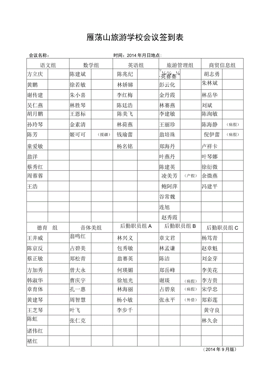 雁荡山旅游学校会议签到表.docx_第1页