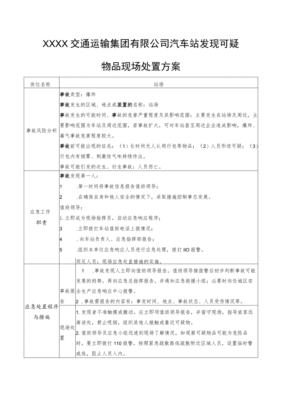 交通运输集团有限公司汽车站发现可疑物品现场处置方案.docx_第1页