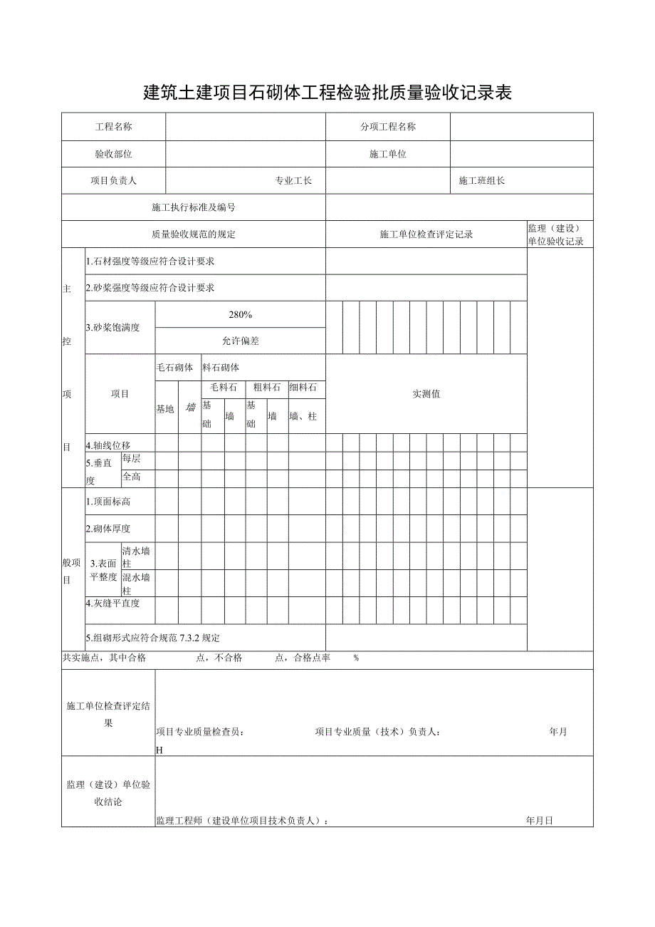 建筑土建项目石砌体工程检验批质量验收记录表.docx_第1页