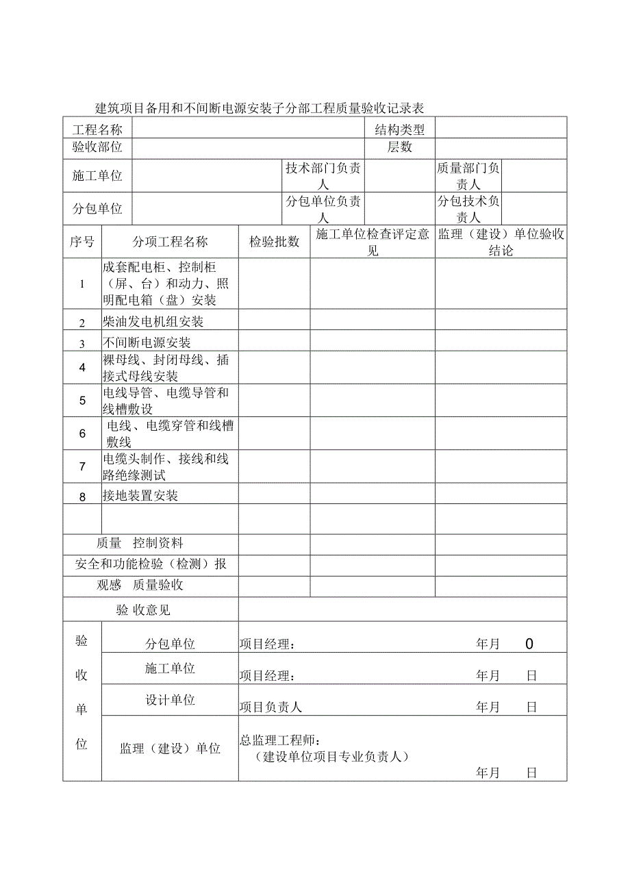 建筑项目备用和不间断电源安装子分部工程质量验收记录表.docx_第1页