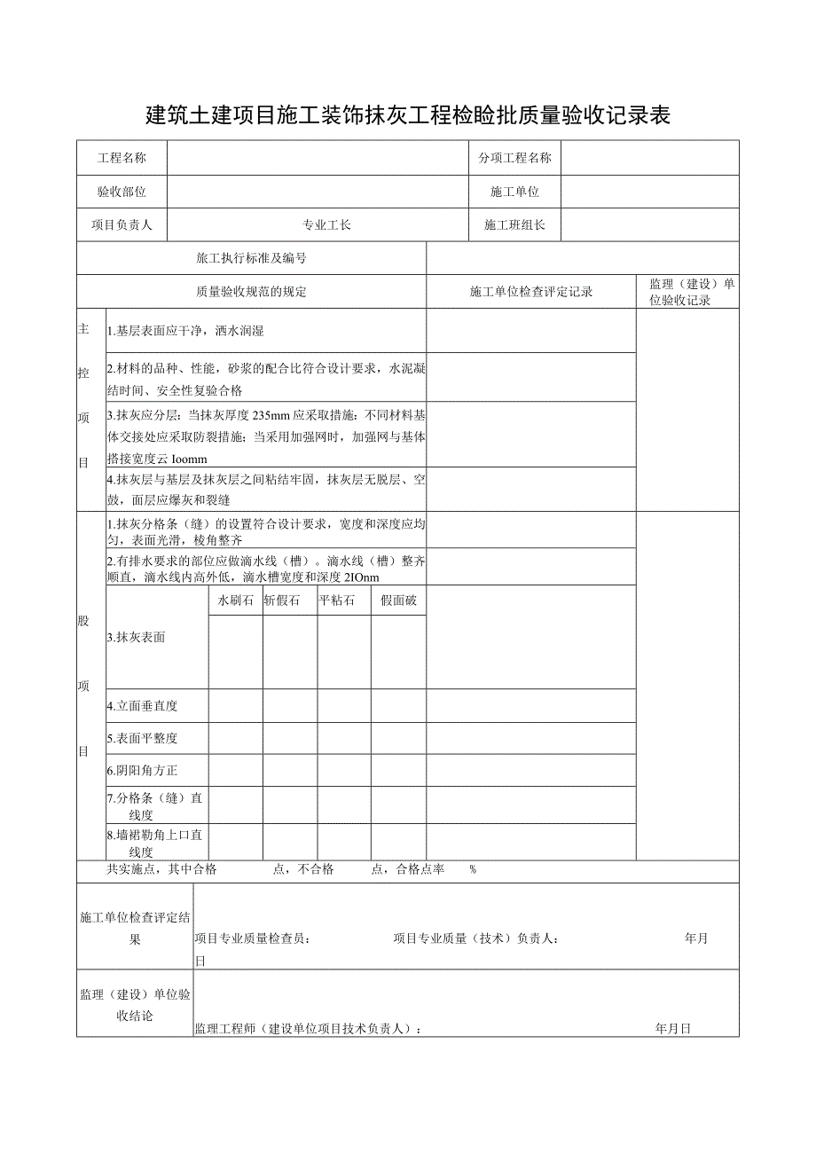 建筑土建项目施工装饰抹灰工程检验批质量验收记录表.docx_第1页