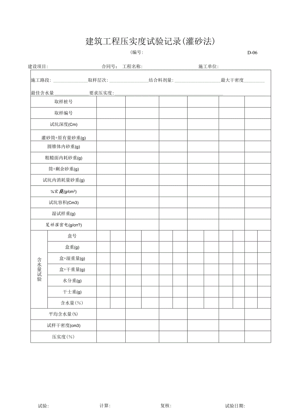 建筑工程压实度试验记录（灌砂法）.docx_第1页