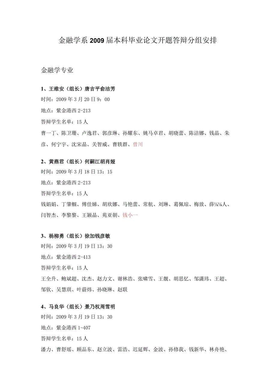 金融学系2009届本科毕业论文开题答辩分组安排.docx_第1页