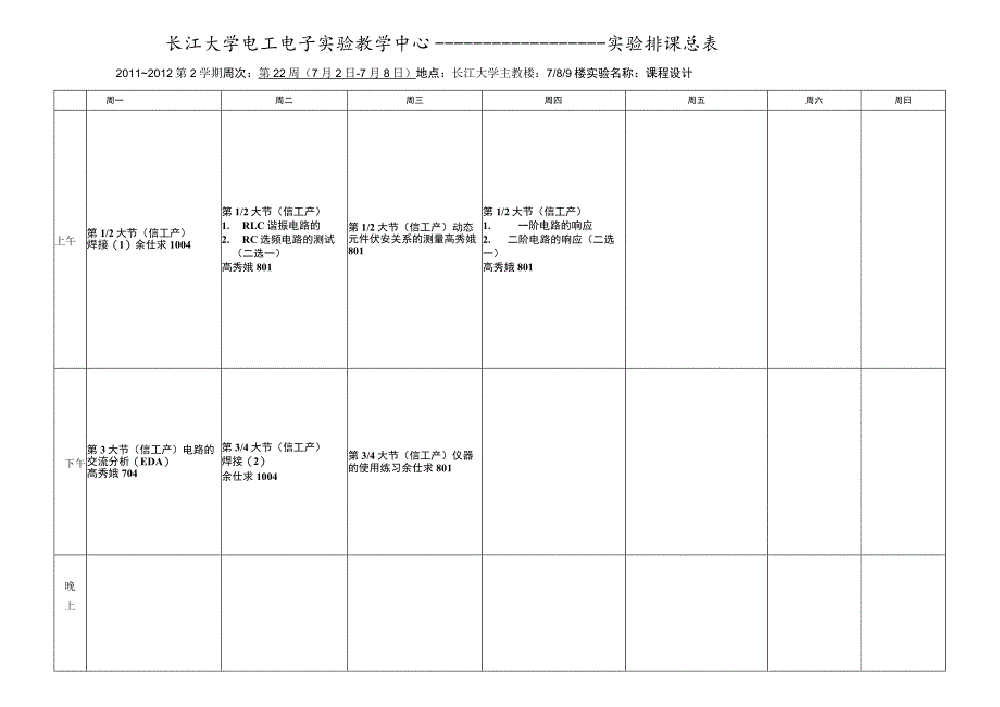 长江大学电工电子实验教学中心------实验排课总表.docx_第1页