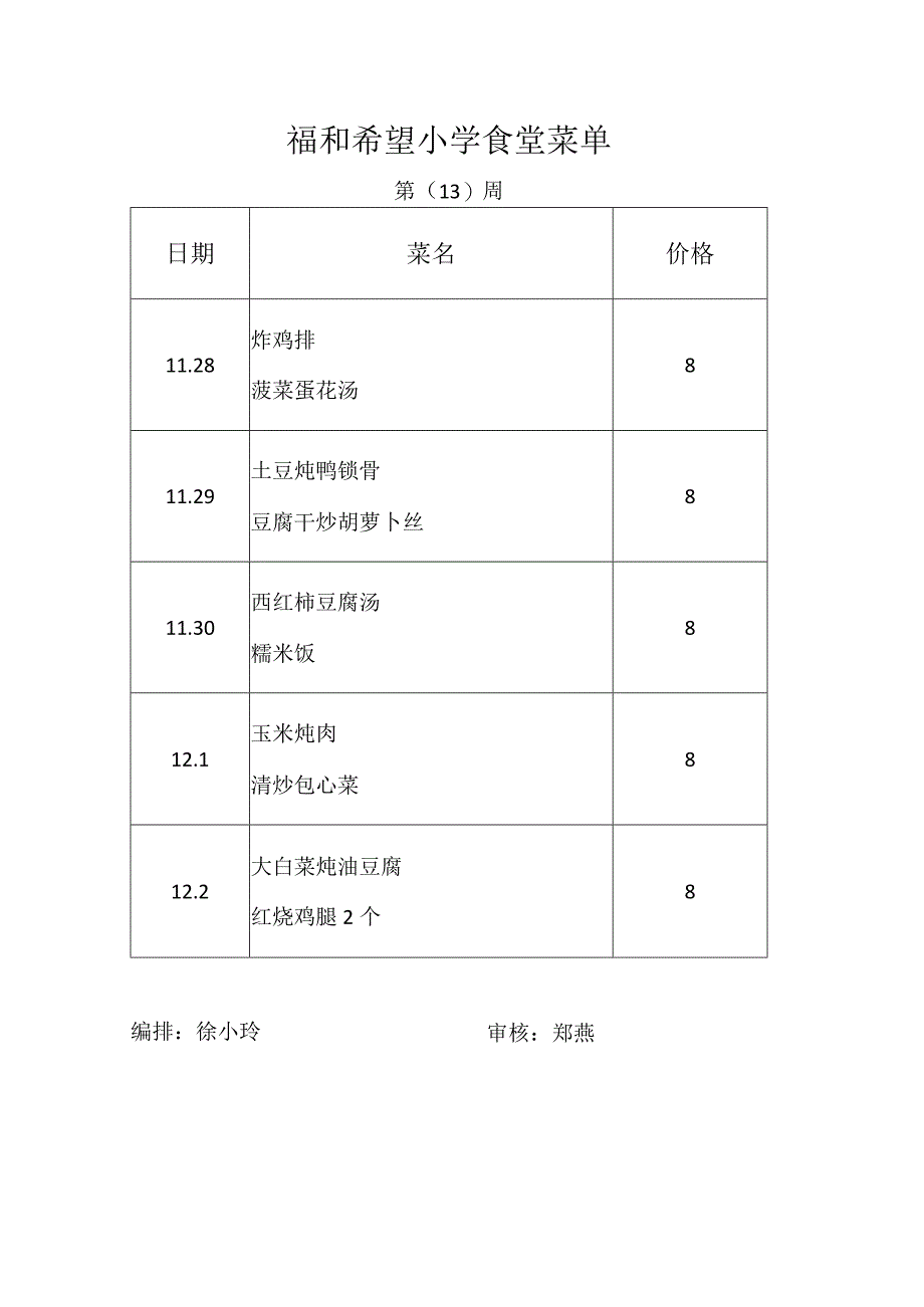 福和希望小学食堂菜单.docx_第1页