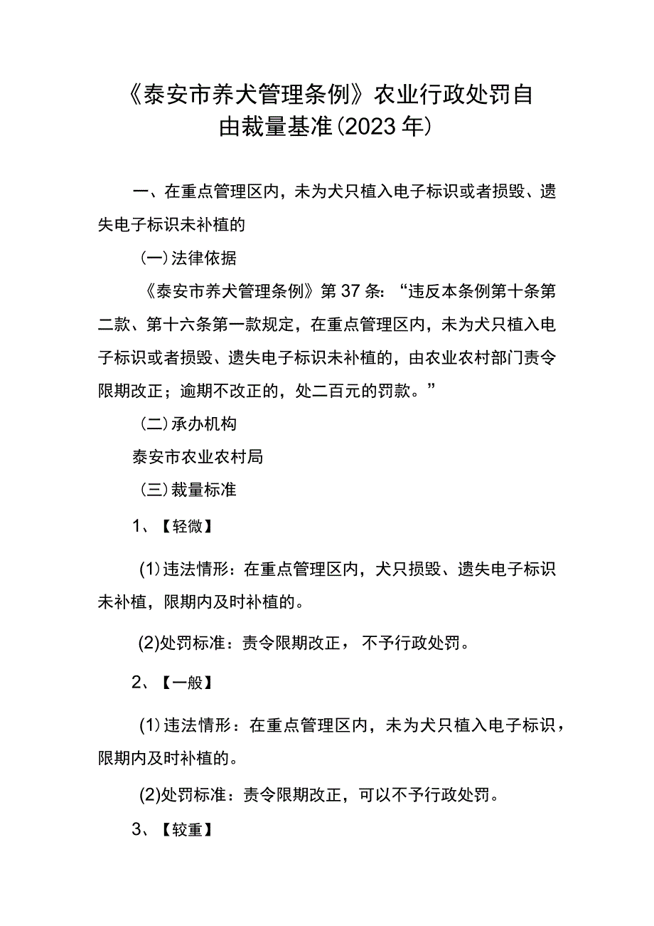 泰安市养犬管理条例》农业行政处罚自由裁量基准（2023年）（征求意见稿）.docx_第1页