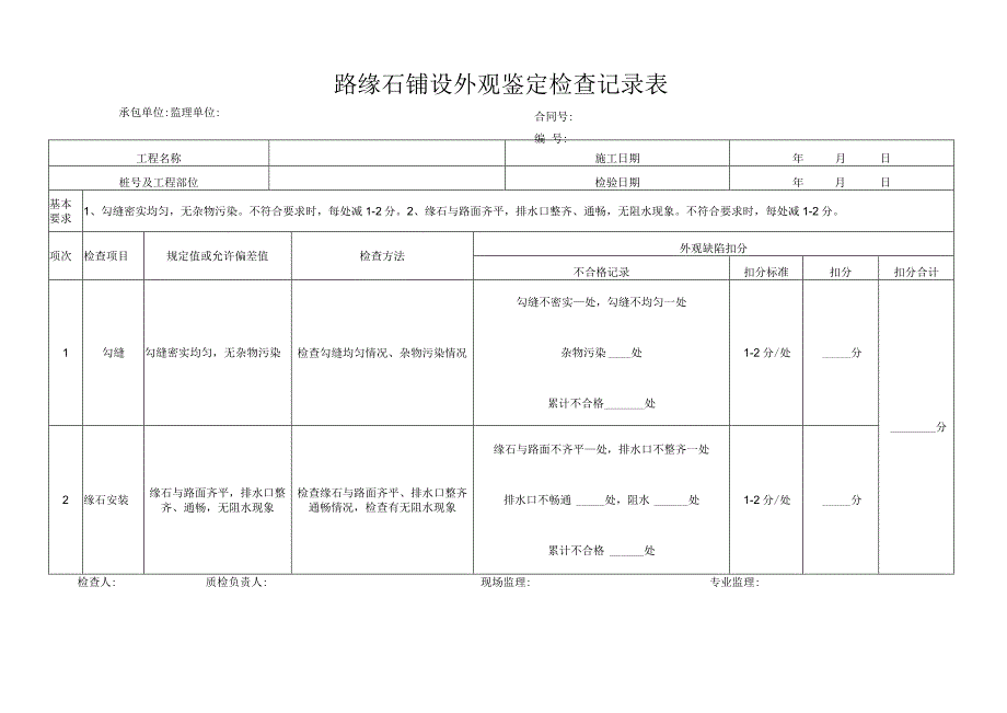 路缘石铺设外观鉴定检查记录表.docx_第1页