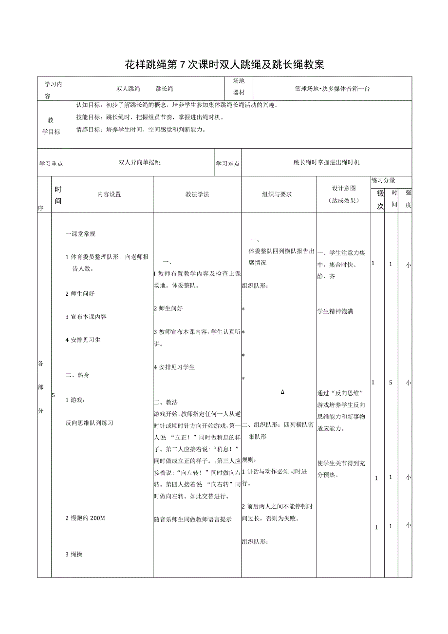 花样跳绳第7次课时双人跳绳及跳长绳教案.docx_第1页