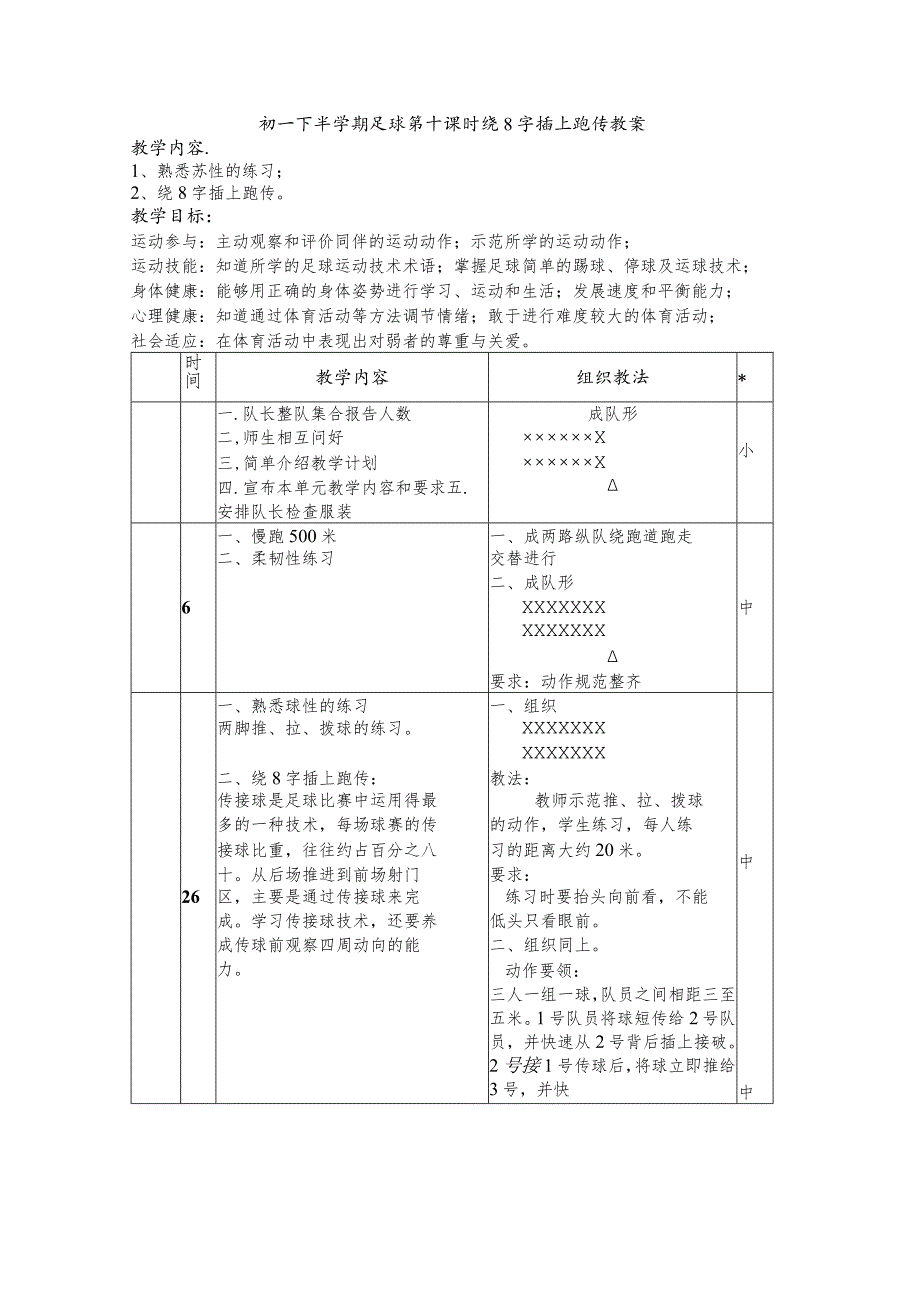 初一下半学期足球第十课时绕8字插上跑传教案.docx_第1页